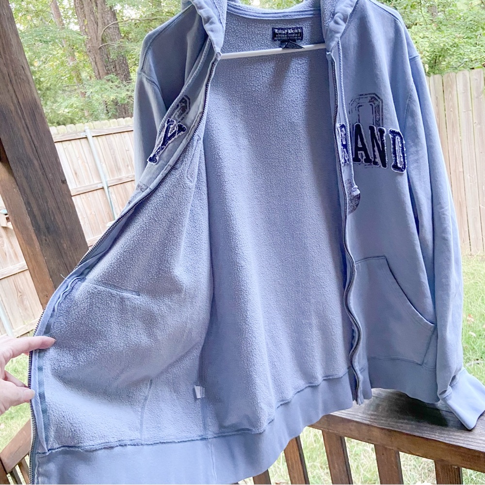 Lucky Brand Zip Up Hoodie Sweatshirt Style Jacket Distressed Logo Lettering Blue - Picture 6 of 13